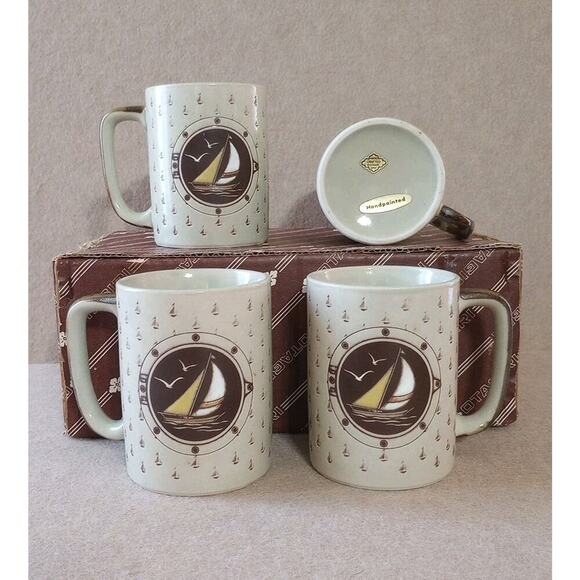 OTAGIRI Vtg SAILBOAT Mug Set Of 4 Hand painted Stoneware In Box Stickers 70s 80s - Picture 1 of 6